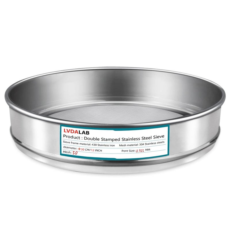 LVDALAB 304 Stainless Steel Lab Sieve Screen Mesh, 50 Mesh (0.355mm) Aperture Test Sieve, 12Inch(30cm) Diameter Economy Standard Analysis Sample Test Sieves for Industrial Laboratory Homes - Image 1